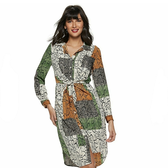 Nine West Snake Print Knot-Front Button-Up Shirt Dress - Picture 3 of 12